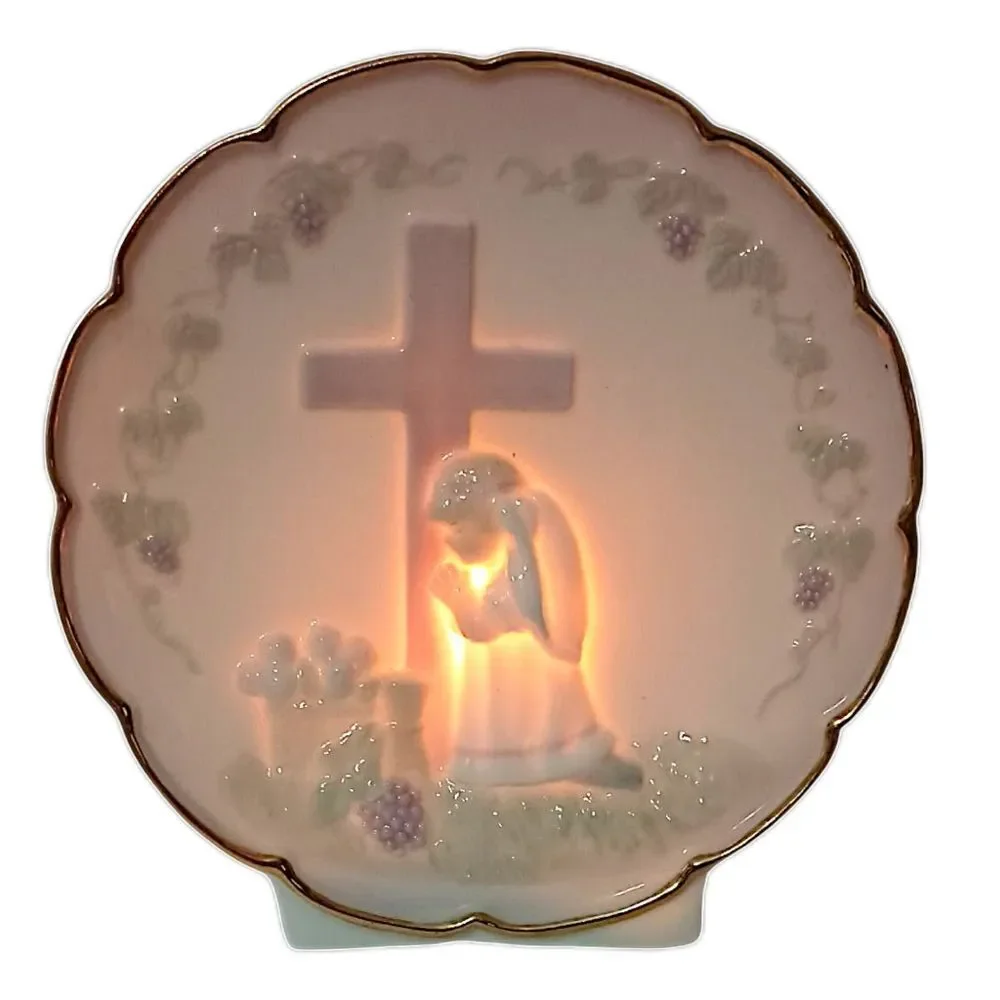 Praying Girl Porcelain Night Light Lamp Boudoir Bedside Religious Cross Vintage.